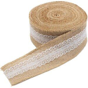 Natural Jute Burlap Ribbon Roll with White Lace Trims Tape for DIY